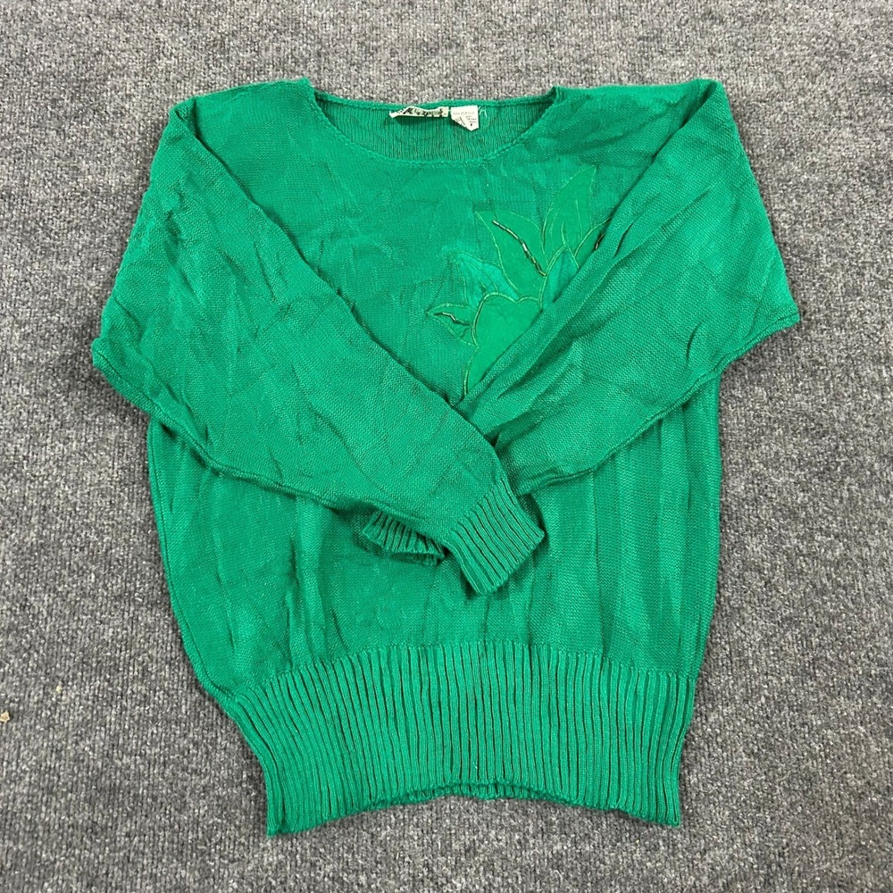 Country Suburbans Sweater Womens Size M Green Floral Applique Beaded Vintage 80s